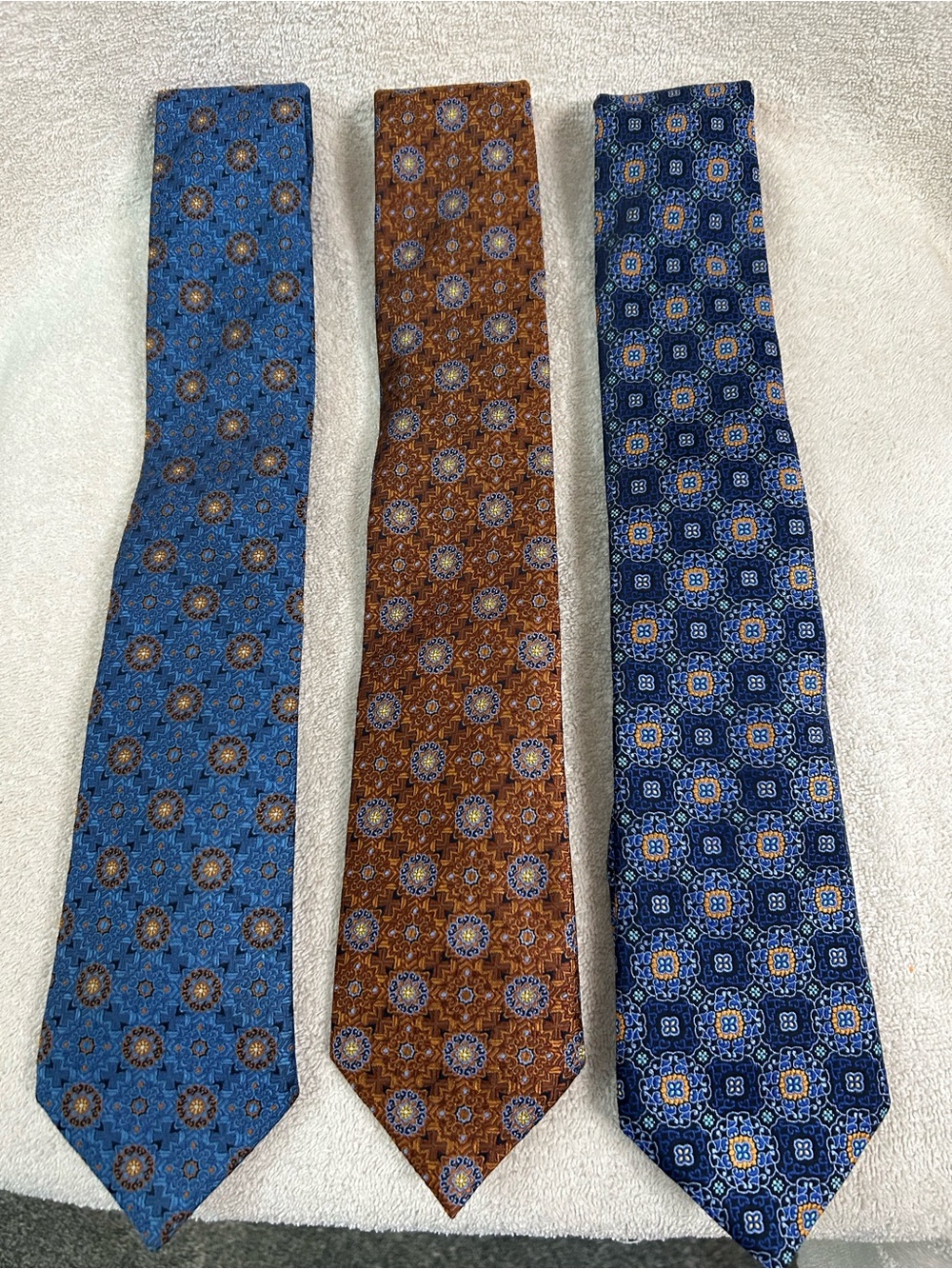 Lot Of 3 VIV 100% Silk Neckties Geometric Pattern Hand Made In Italy Blue Brown